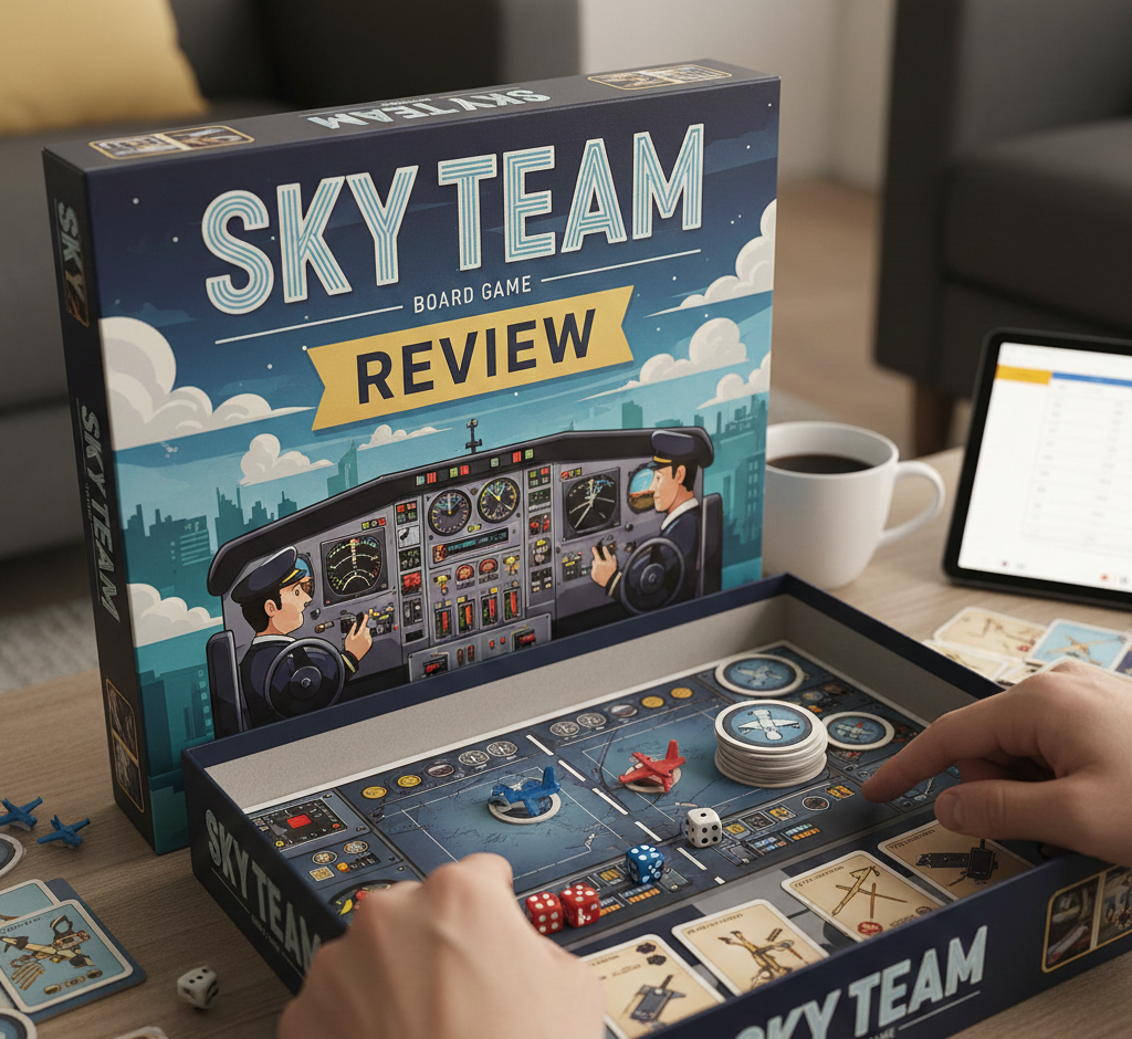Sky Team cooperative dice board game designed by Luc Rémond, published by Scorpion Masqué in 2023, 2024 Spiel des Jahres winner, exclusively 2 players ages 10+, 20-minute playtime, 2.04/5 complexity rating, featuring pilot and co-pilot roles silently coordinating dice placement over 7 rounds to land aircraft at various airports, managing axis control, speed, landing gear, and avoiding collisions across multiple airport scenarios with Golden Geek awards for best cooperative and two-player game.