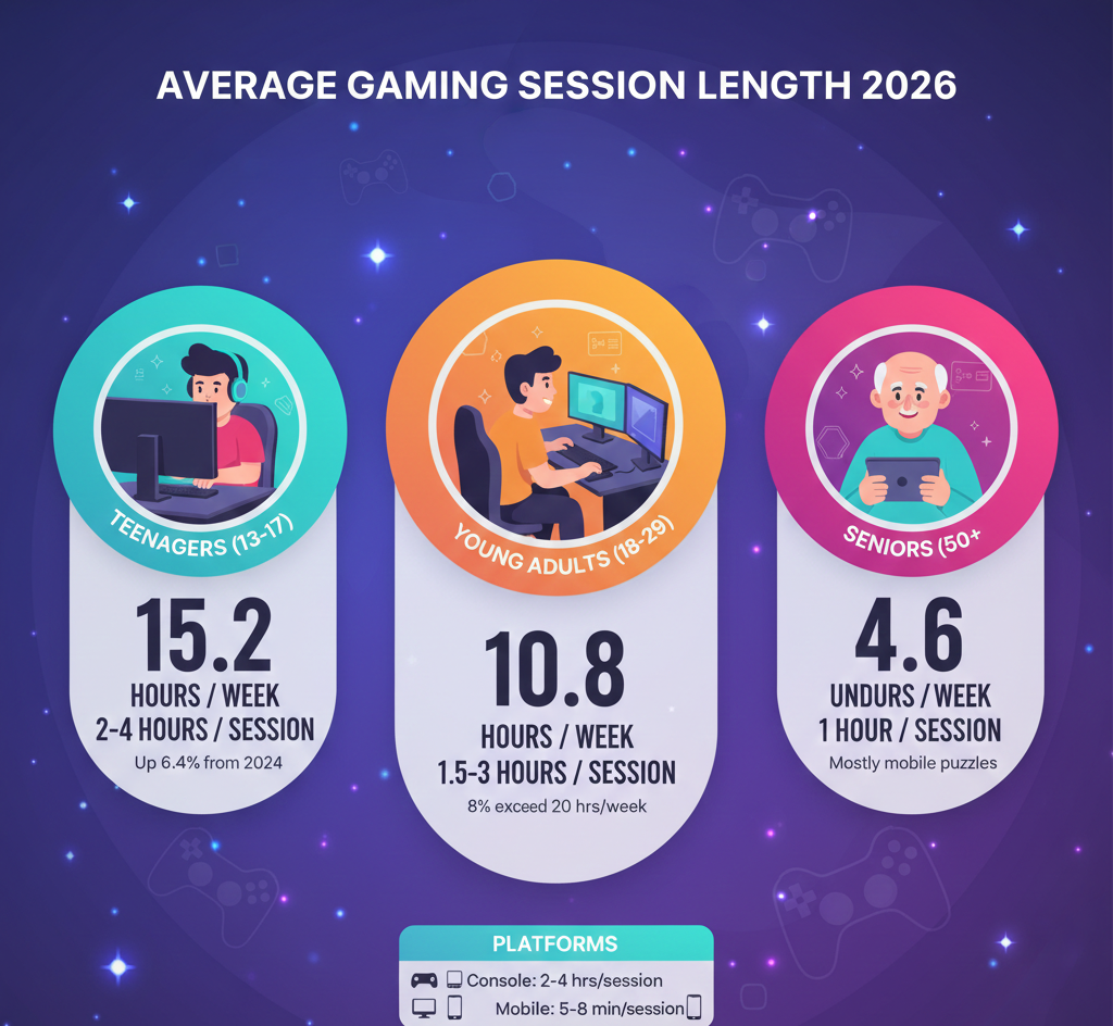 Average gaming session length statistics for 2026 covering age group breakdowns, platform differences, gender demographics, and year-over-year trends.
