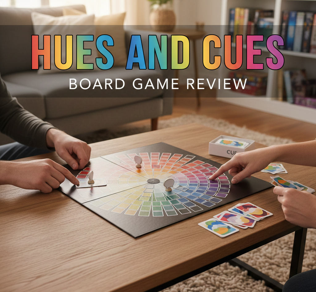 Hues and Cues party game for 3-10 players featuring 480-color spectrum board where players use one-word and two-word clues to guide others to specific color shades, published by The Op Games in 2020 with 30-minute gameplay and 1.07/5 complexity rating for ages 8+
