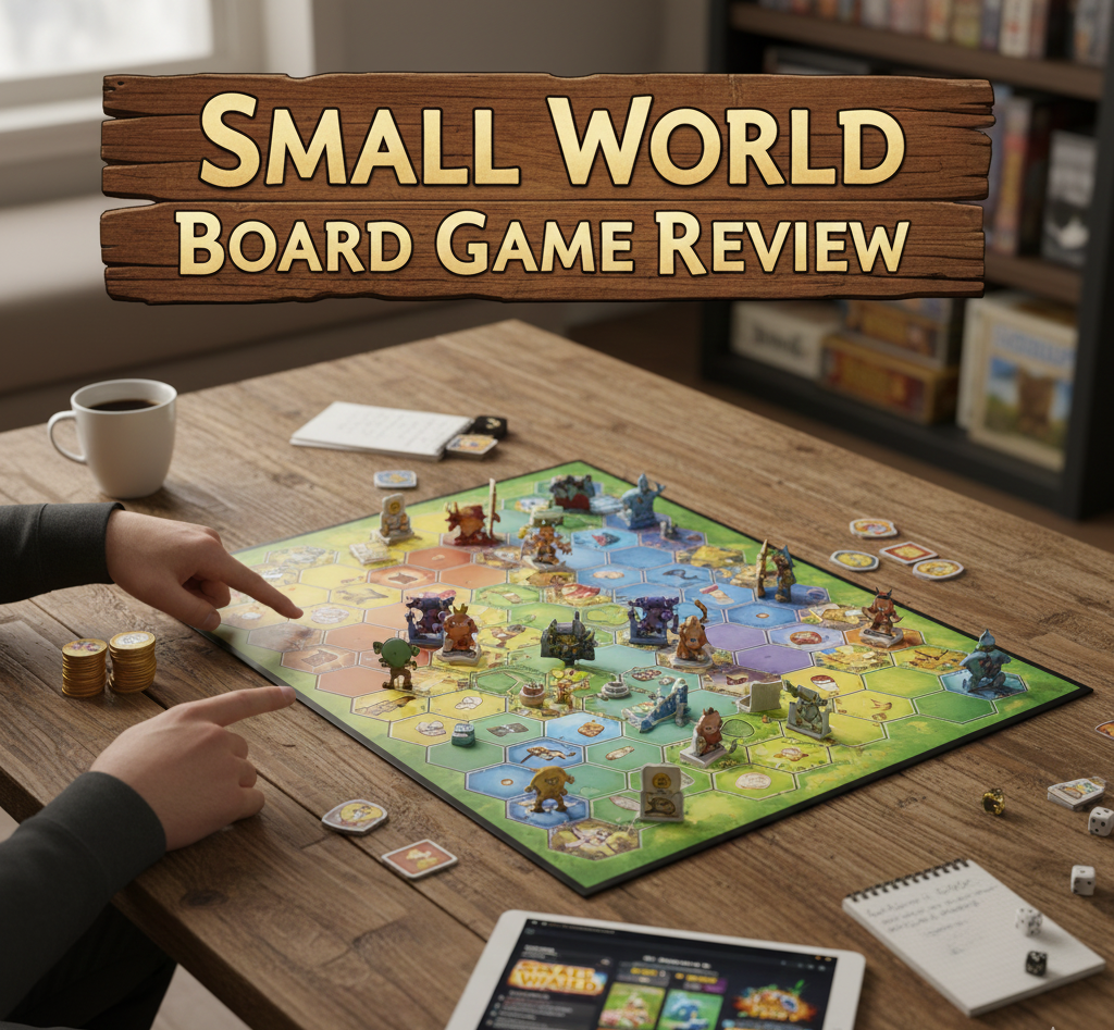 Small World fantasy territory control board game designed by Philippe Keyaerts, published by Days of Wonder in 2009, for 2-5 players ages 8+, 40-80 minute playtime, 2.35/5 complexity rating, featuring 14 fantasy races, 20 special powers creating 280 combinations, 168 race tokens, 4 double-sided boards for different player counts, decline mechanic for switching civilizations, winner of 2010 Games Magazine Game of the Year and 2009 Meeples Choice Award, best at 4 players.