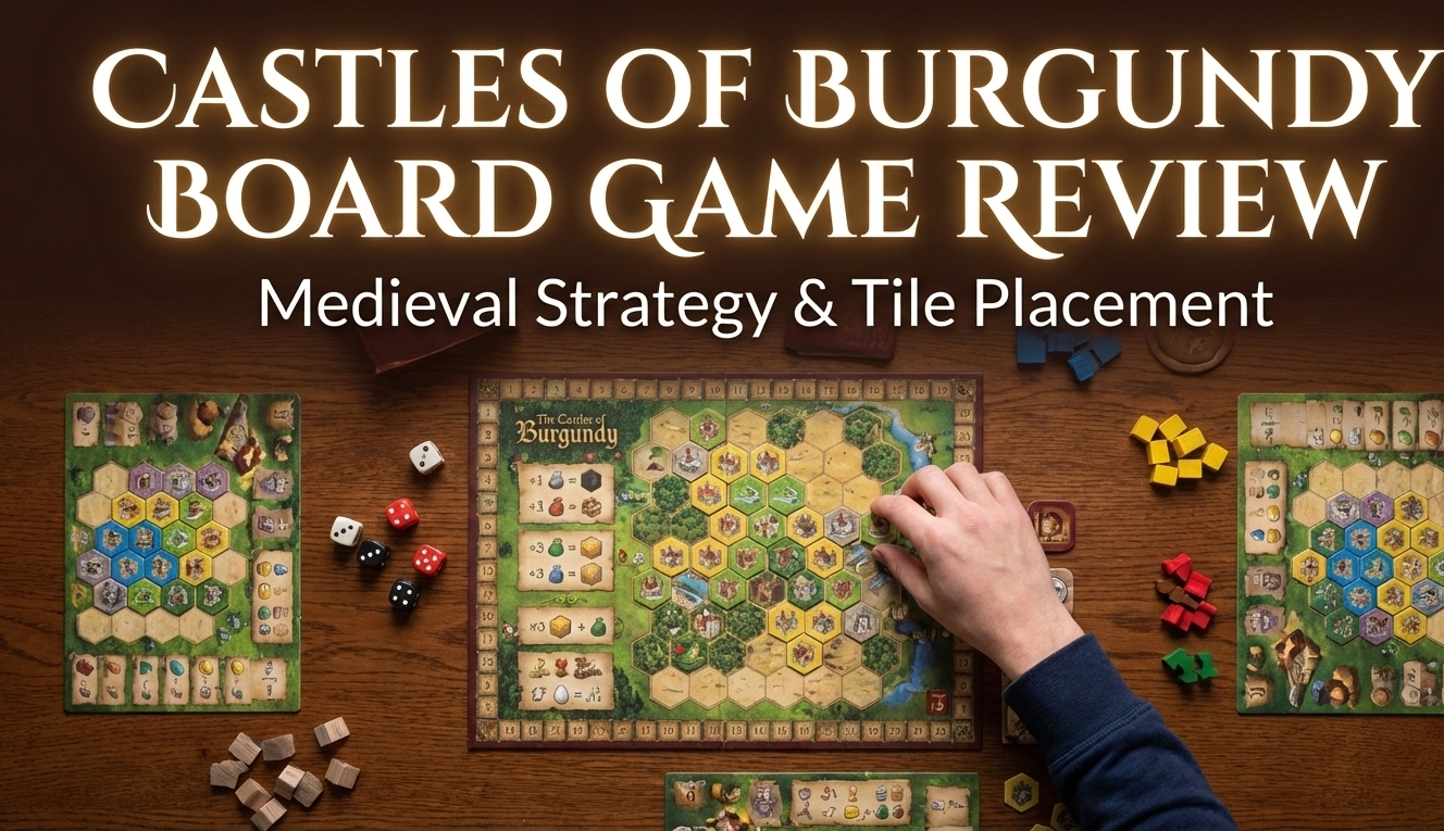 Castles of Burgundy strategy board game for 1-4 players featuring tile placement, dice mechanics, and 70-120 minute playtime.