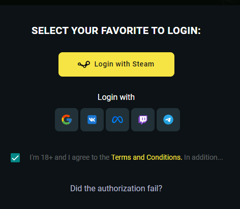Select a login method Available options are Telegram, Steam, Google, Meta, or Twitch
