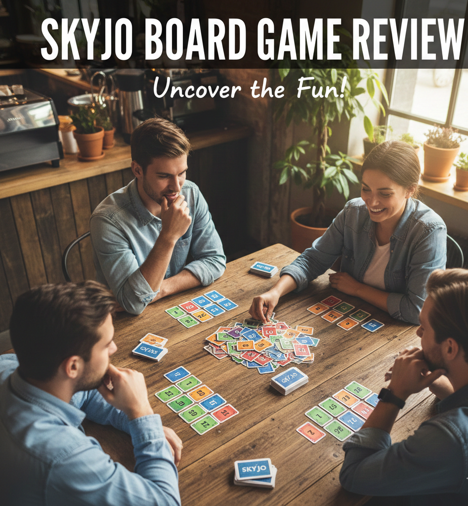 Skyjo card game for 2-8 players featuring 150 number cards, column elimination mechanics, and 15-45 minute playtime.