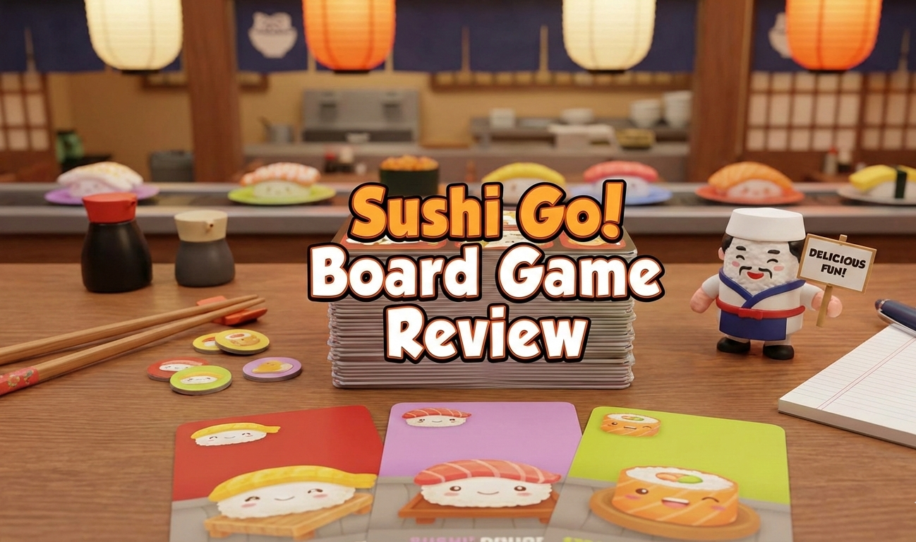 Sushi Go! card drafting game for 2-5 players featuring set collection, 108 illustrated sushi cards, and 15-minute playtime.