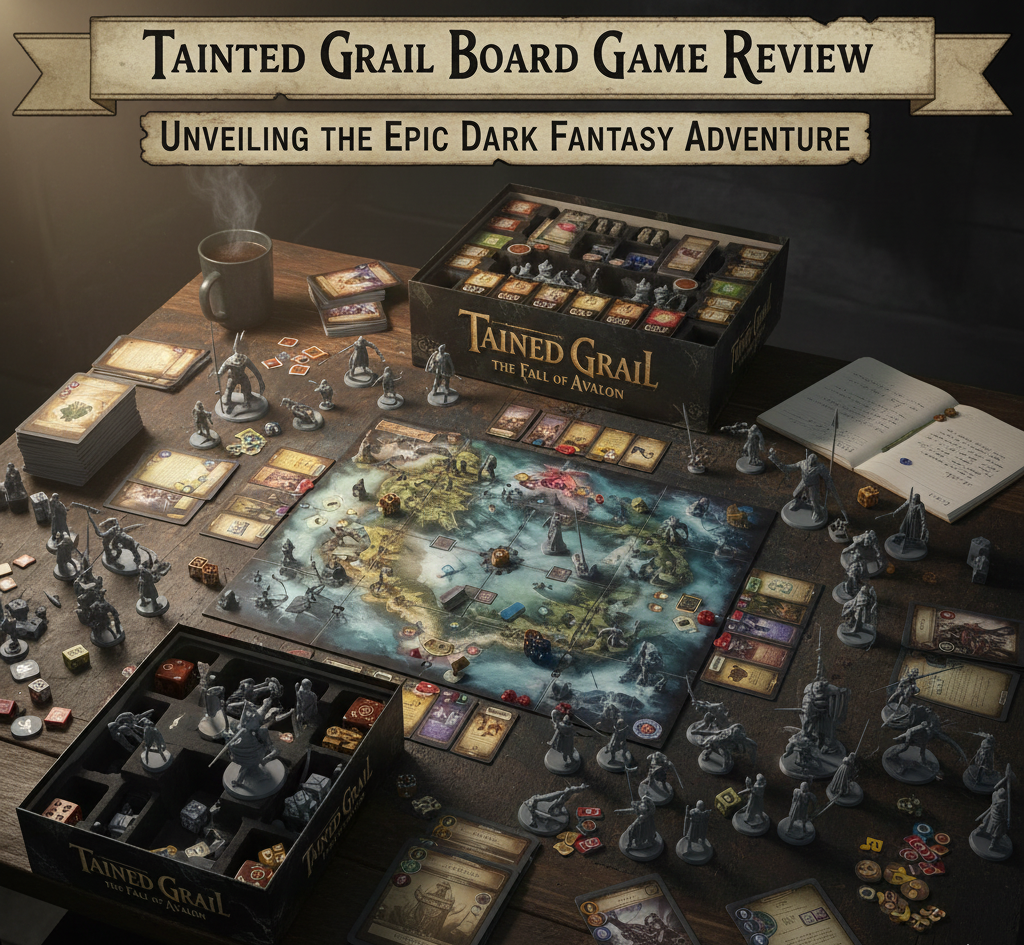 Tainted Grail cooperative board game for 1-4 players featuring dark Arthurian narrative, diceless combat, and 30-50 hour campaigns.