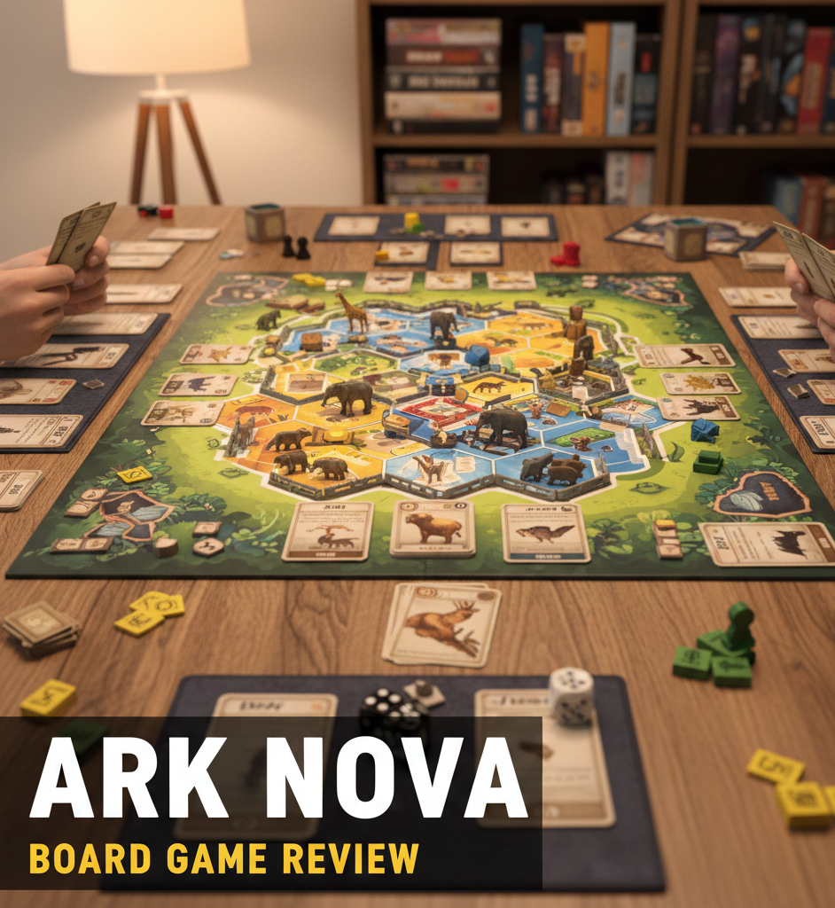 Ark Nova zoo-building strategy board game for 1-4 players featuring 255 unique cards and 90-150 minute playtime.
