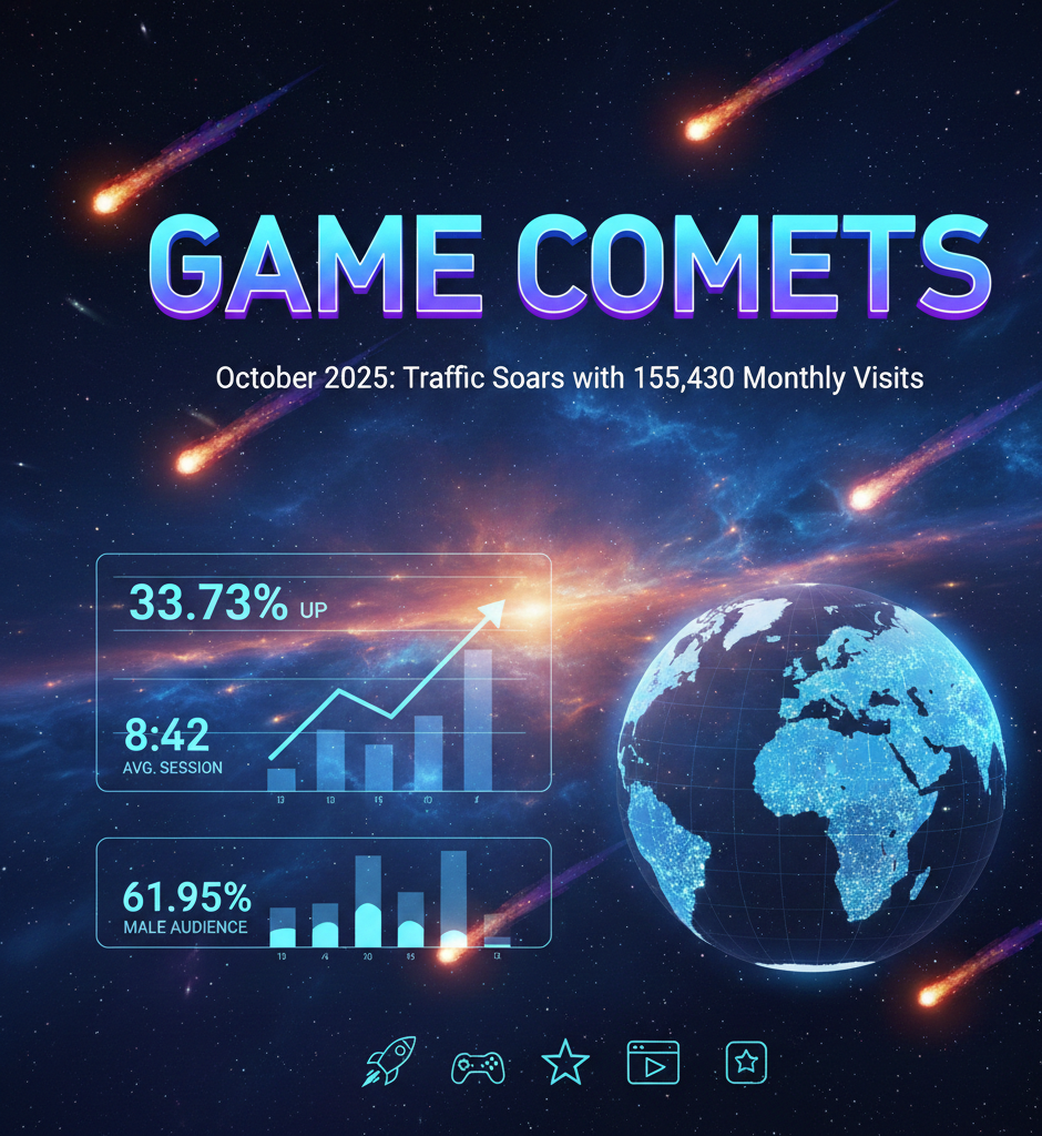 Game Comets browser gaming platform statistics showing 155,430 monthly visits and 58% US traffic share in October 2025.