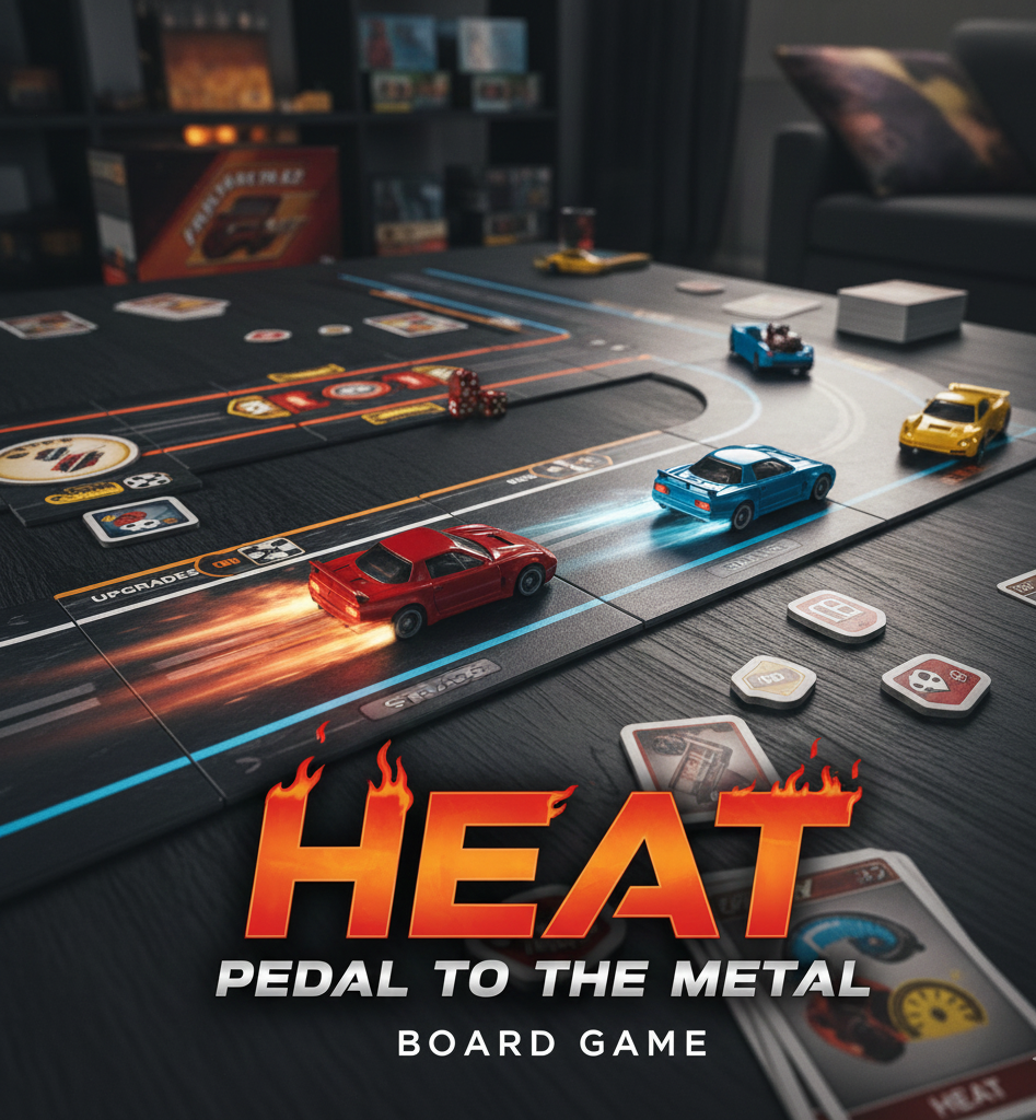 Heat Pedal to the Metal board game designed Asger Granerud Daniel Pedersen published Days of Wonder 2022, 1-6 players age 10+ 30-60 minutes, 8.0 BGG rating 2.20/5 complexity, 2022 Golden Geek Medium Game of the Year, 1960s Formula 1 racing hand management push-your-luck, components 2 double-sided boards 4 tracks 6 plastic cars player decks heat penalty cards upgrade cards gear shift boards event cards Legend AI decks, simultaneous play heat management corners speed limits slipstreaming, championship mode 3-race campaign solo mode, $74.99 retail, expansions Heavy Rain Tunnel Vision, pros simultaneous selection no downtime cons iconography learning curve catch-up mechanics.