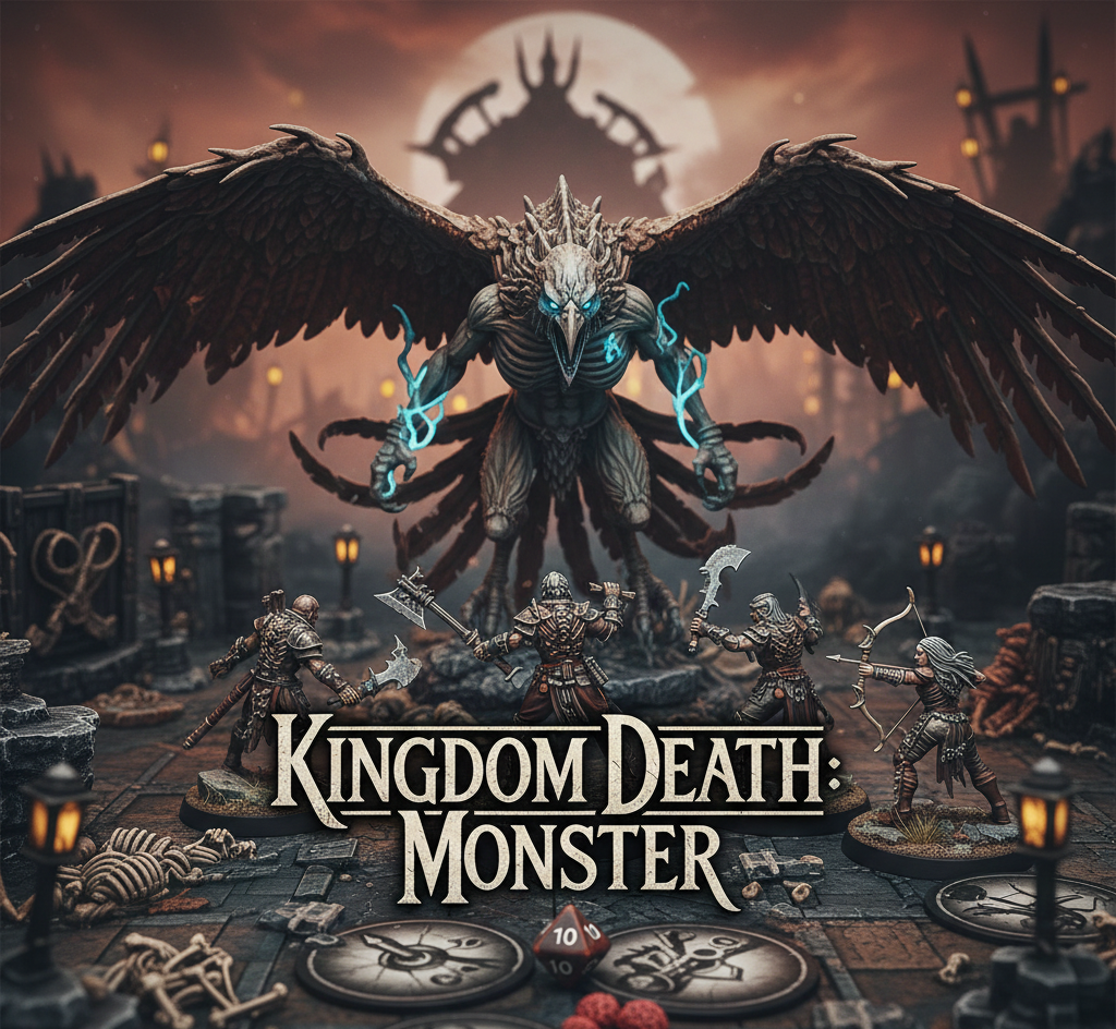 Kingdom Death Monster board game review showing cooperative horror campaign designed by Adam Poots published 2015, 1-4 players ages 17+, 60-180 minutes per session, 4.27/5 complexity rating, BGG rank 87th with 8.5 rating, $420 retail price, 50-100 hours full campaign spanning 5-30 Lantern Years, three-phase gameplay Hunt-Showdown-Settlement, monster AI decks create unique encounters, 3x3 gear grid system with equipment synergies, 12+ pound box with 235-page rulebook and 2'x3' showdown board, premium miniatures require assembly, settlement building and crafting from monster resources, permanent character death mechanic, pros include deep campaign system and high replay value, cons include steep learning curve and graphic mature content, best with 4 players but excellent solo mode.