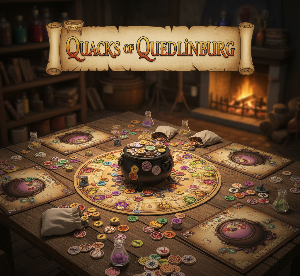 Quacks of Quedlinburg bag-building push-your-luck game by Wolfgang Warsch, Schmidt Spiele 2018, Kennerspiel des Jahres winner, 2-4 players ages 10+, 45 minutes, 1.94/5 complexity, medieval potion brewing drawing ingredient chips from bags avoiding cherry bomb explosion over 7 points in 9 rounds, includes 4 player pots, 215+ chips, 8 ingredient books, 24 Fortune Teller cards, simultaneous play with rat stone catch-up mechanism, expansions Herb Witches and Alchemists available.
