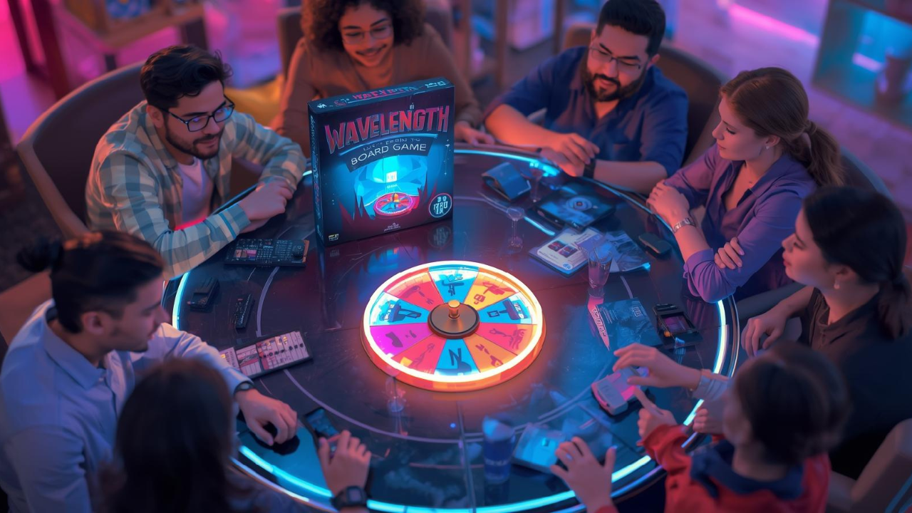 Wavelength party game for 2-12 players featuring spectrum-based clue-giving with rotating wheel device and team competition.