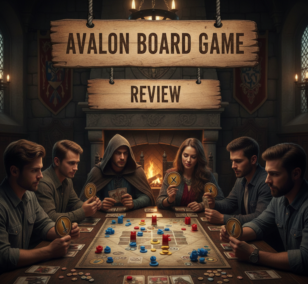 Avalon board game review showing 5-10 player social deduction, Merlin mechanic, and Good vs Evil quest voting system.