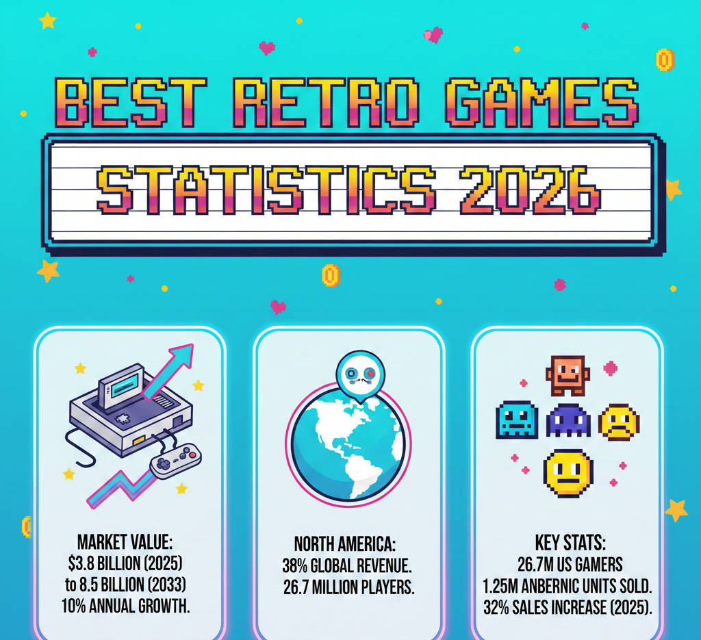 Retro gaming statistics 2026 showing $3.8 billion market value, 10% annual growth rate, 26.7 million US players, and Anbernic leading with 32.7% market share.