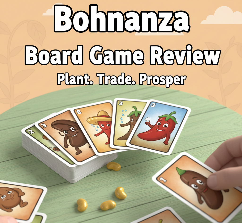 Bohnanza board game review showing bean trading card game mechanics, 11 bean types, negotiation gameplay, and harvest-for-coins scoring system.