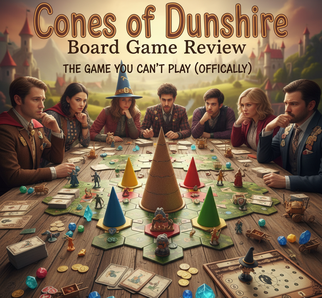 Cones of Dunshire board game review covering overview, components, pros and cons, gameplay, mechanics, availability, FAQs, and pop-culture context.