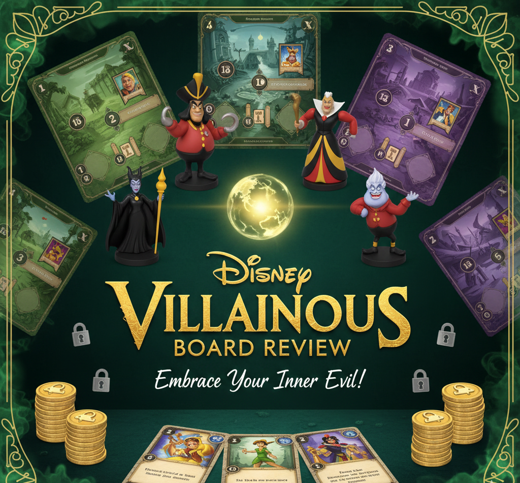 Disney Villainous asymmetric strategy board game for 2-6 players featuring 6 iconic villains, 45-120 minute playtime, rated 6.9 on BoardGameGeek.