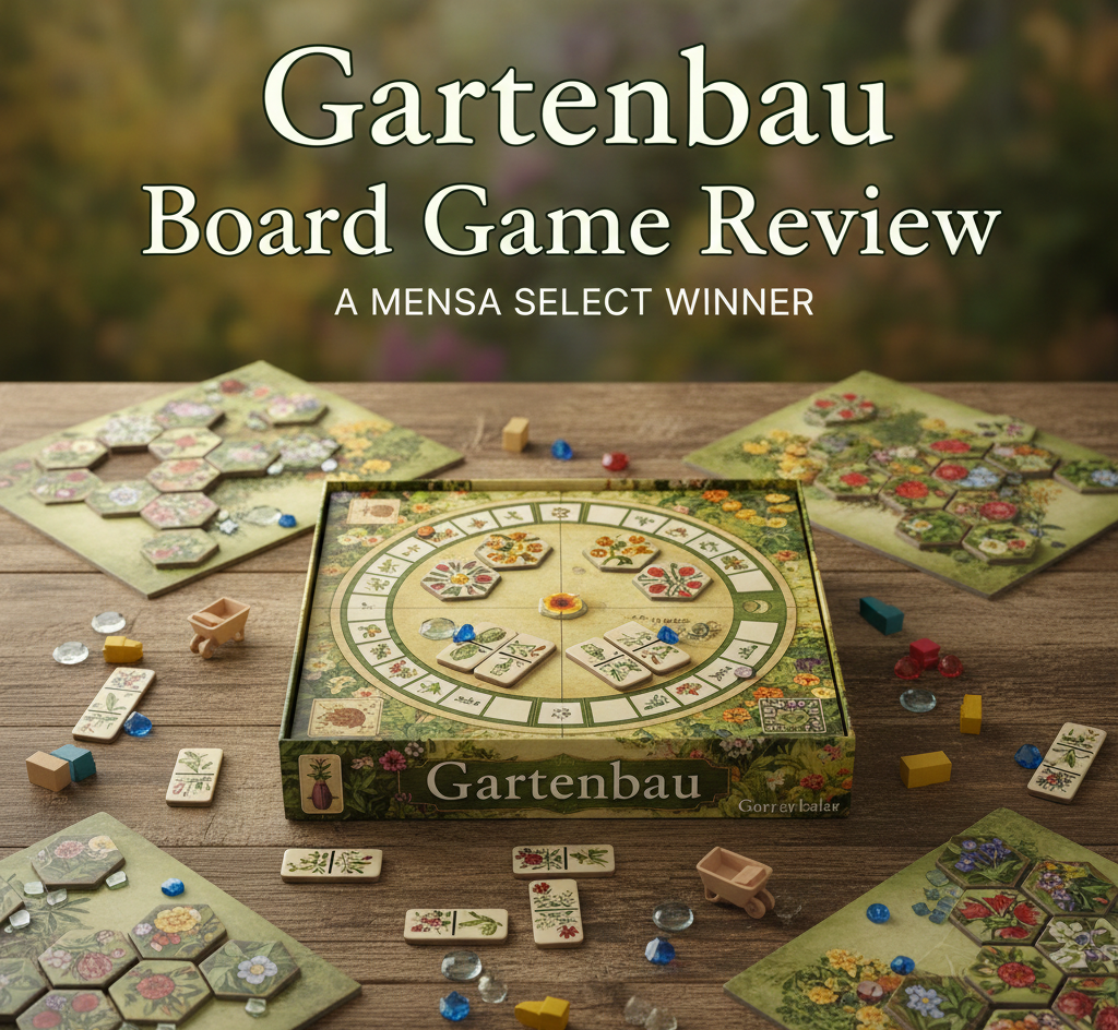 Gartenbau board game review page featuring overview, components, pros and cons, gameplay rules, mechanics, FAQs, and buying options.