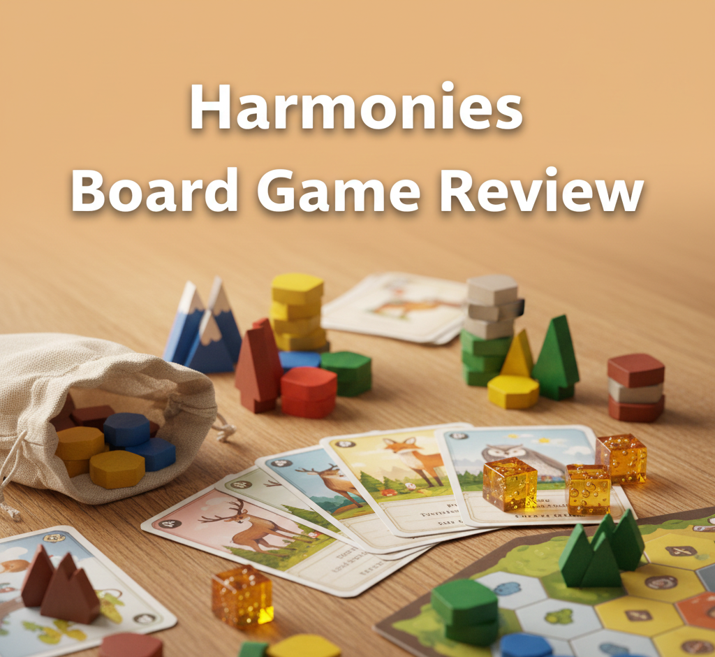 Harmonies board game review showing nature-themed tile-drafting gameplay with 3D landscape building, animal habitats, and wooden token components.