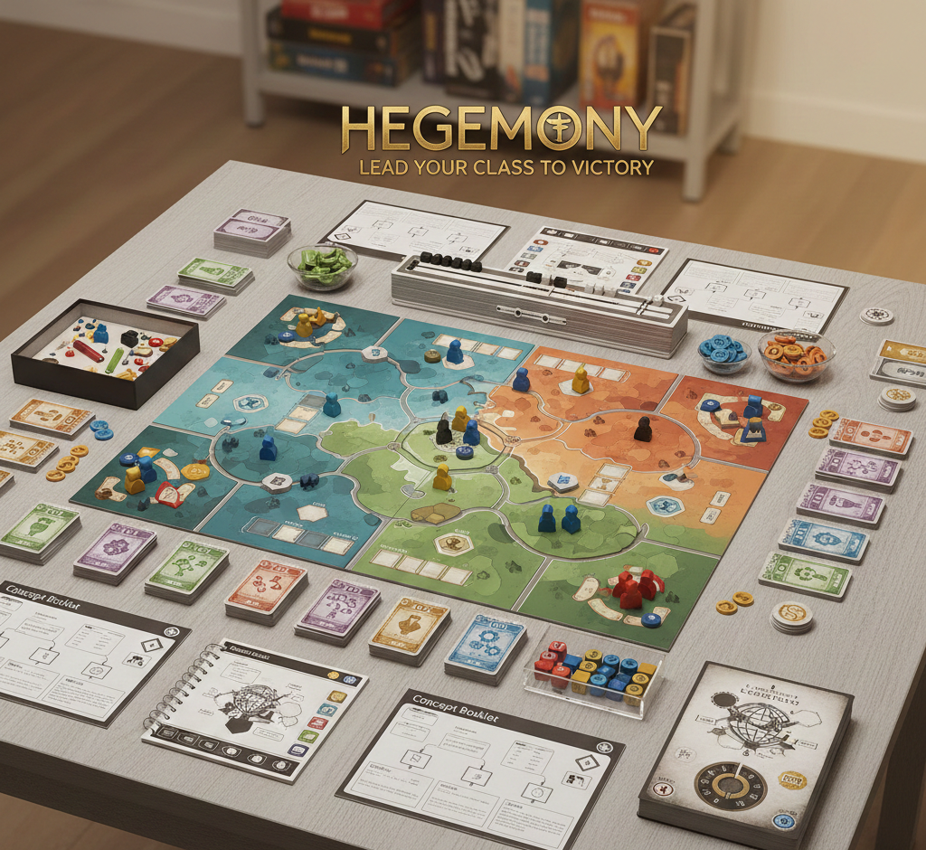 Hegemony board game review showing asymmetric faction gameplay, economic simulation, and political voting mechanics for 2-4 players.
