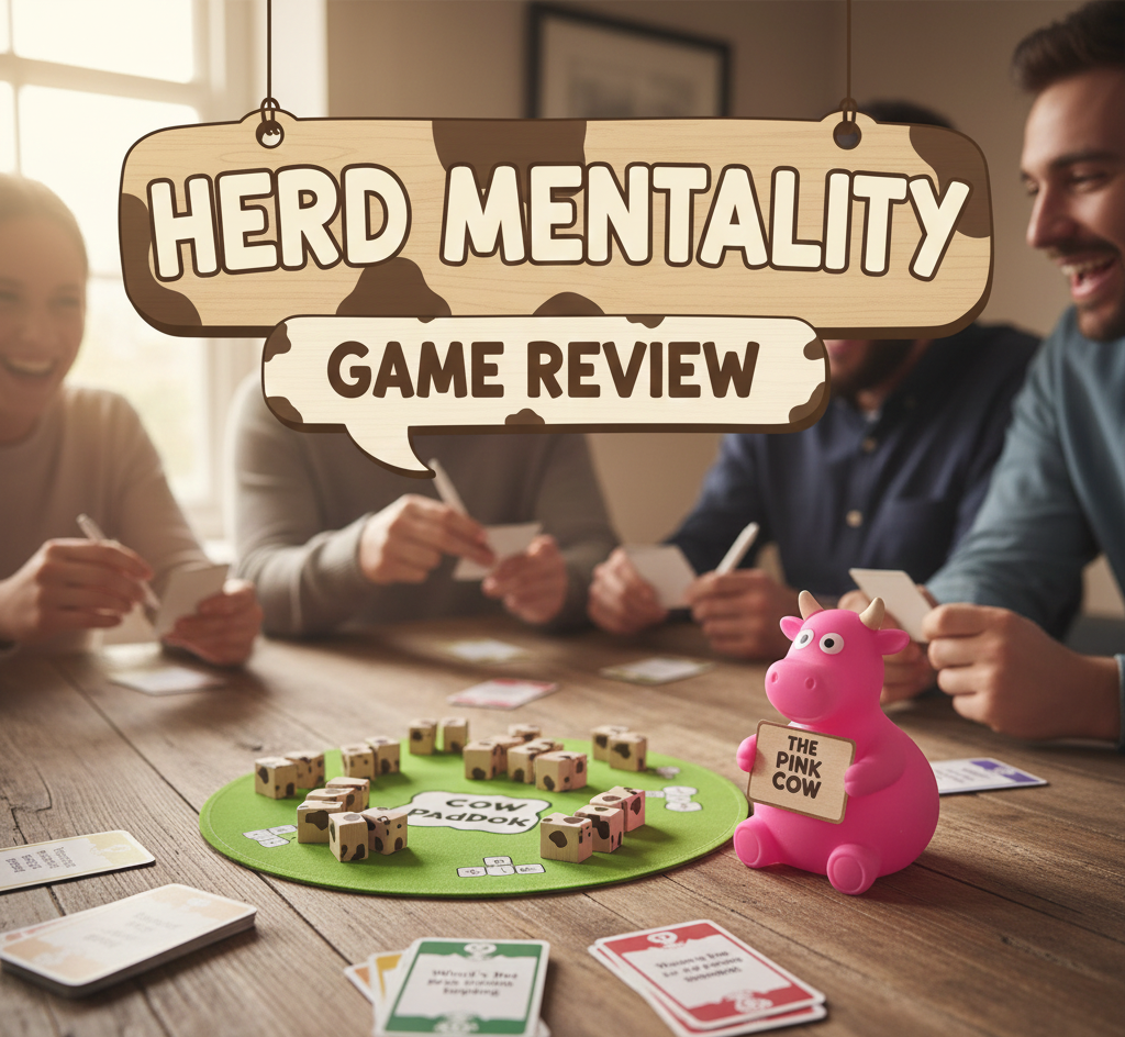 Herd Mentality party game review showing 4-20 player voting mechanics, Pink Cow penalty token, and majority matching gameplay.