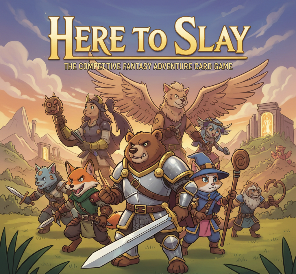 Here to Slay card game review covering rules, gameplay mechanics, components, and strategy tips. Features tables for game details, pros and cons, buying options, and FAQs aimed at casual and family-friendly players.