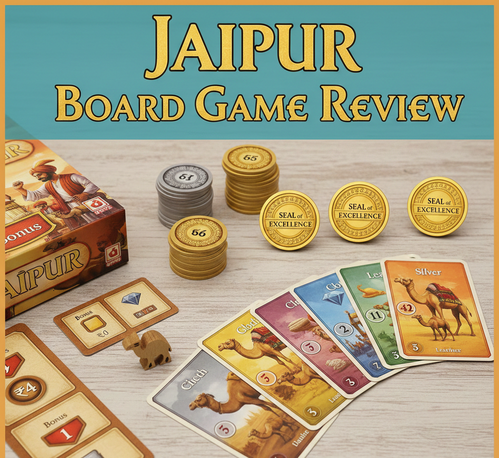 Jaipur board game review covering gameplay, components, pros and cons, mechanics, and player tips. Includes tables for game info, where to buy, and FAQ with setup and winning conditions.