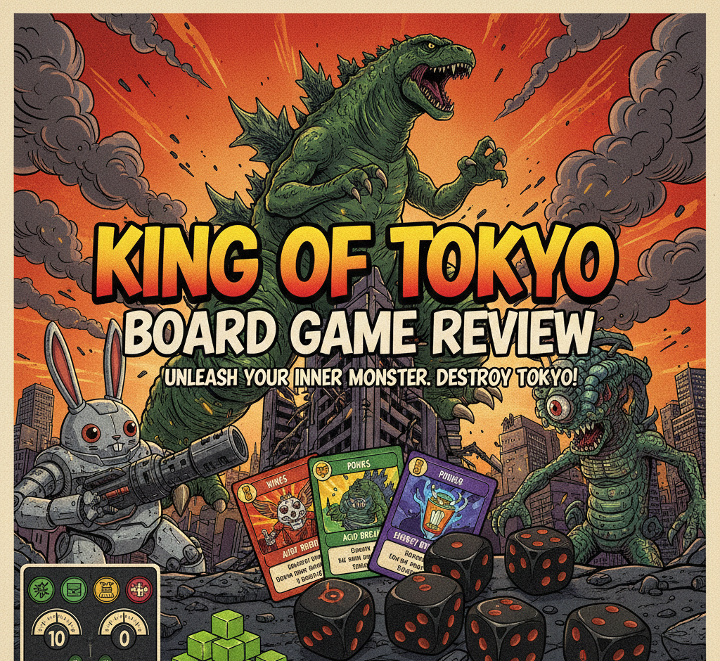 King of Tokyo board game review detailing dice-rolling gameplay, components, mechanics, and pros and cons. Includes tables for specifications, box contents, player counts, and FAQs to help families and casual gamers decide if it’s the right fit.