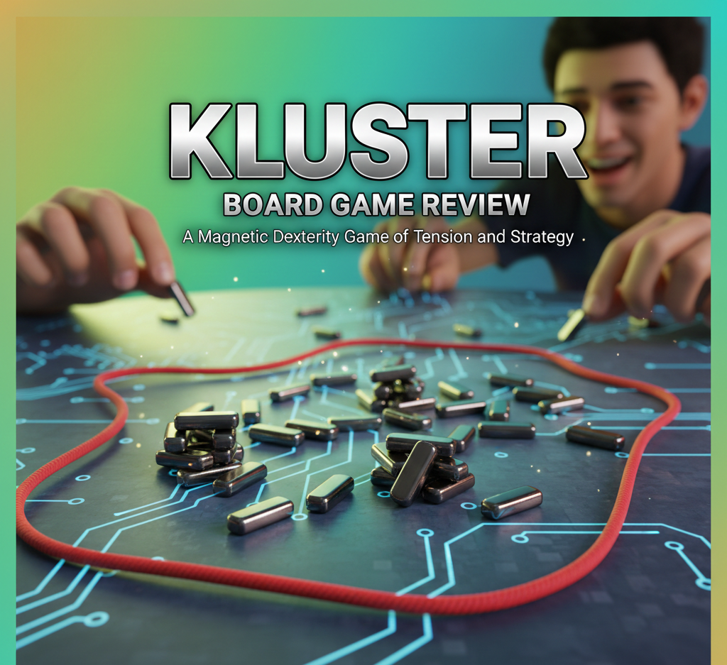 Kluster magnetic dexterity board game review for 1-4 players with 24 magnets, 10-20 minute playtime, and pros/cons.
