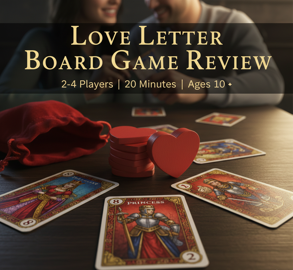 Love Letter card game review for 2-4 players with card abilities breakdown, component list, and victory token requirements.