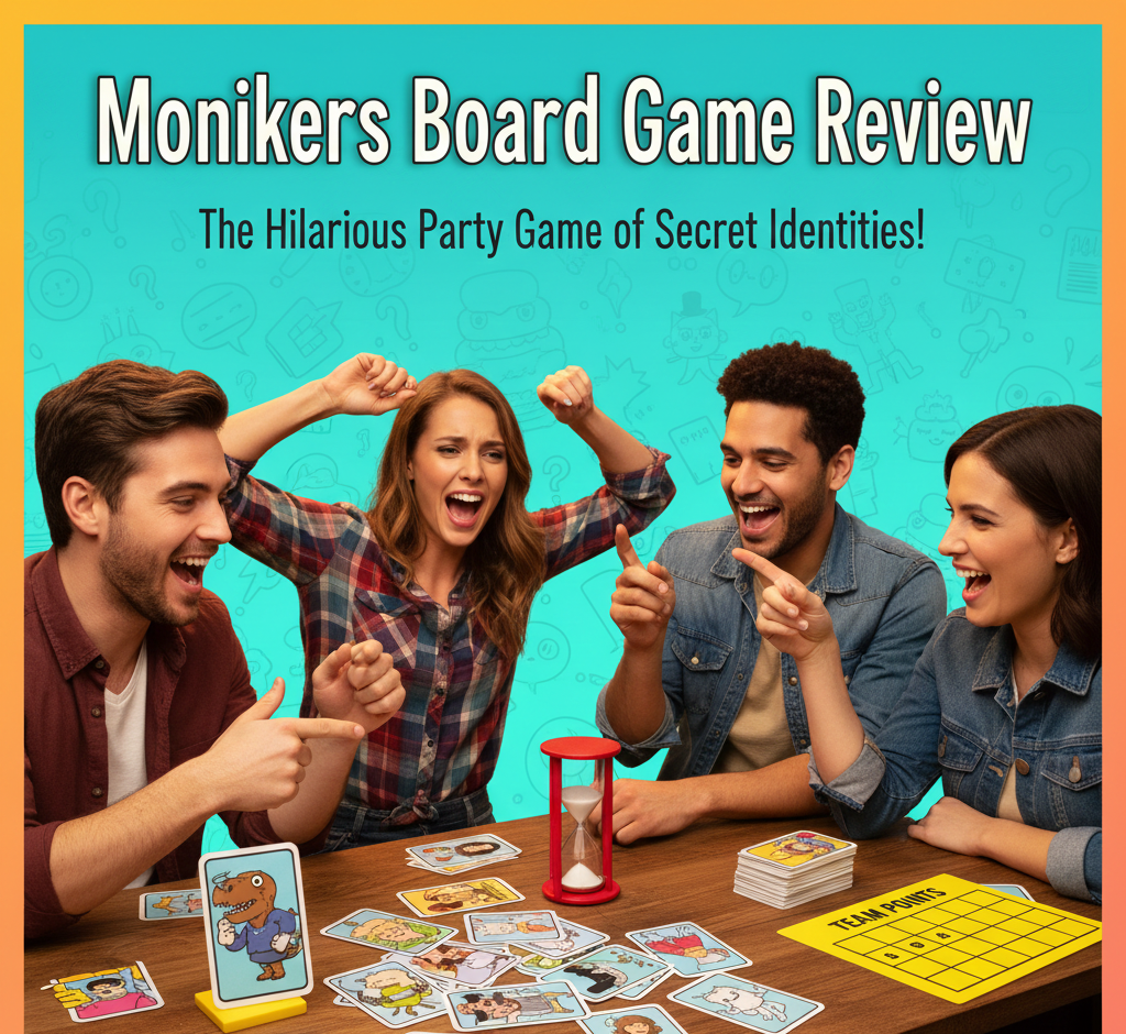 Monikers party card game review covering gameplay rules, three-round structure, components, and player recommendations.