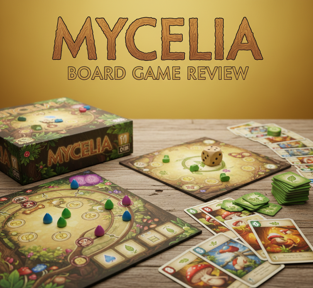 Mycelia board game review covering gameplay, components, pros and cons, mechanics, and player advice. Includes tables for game info, retailers, and FAQ with setup, turn structure, and winning conditions