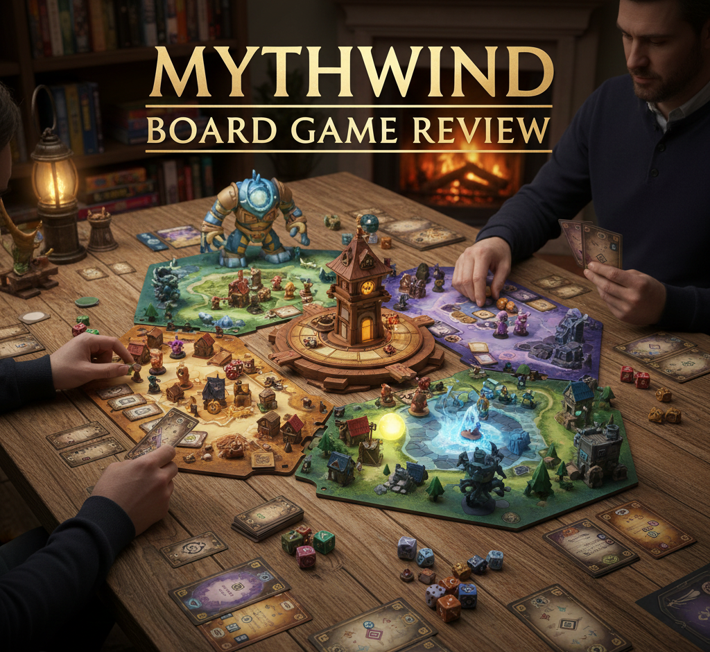 Mythwind board game review showing 1-4 player cooperative sandbox gameplay, seasonal cycle mechanics, and four character classes.