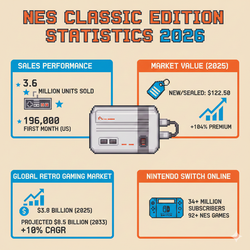 NES Classic Edition statistics overview showing sales milestones, secondary market prices, and retro gaming market growth. Includes charts on unit sales, collector values, regional market share, and long-term retro console industry trends.