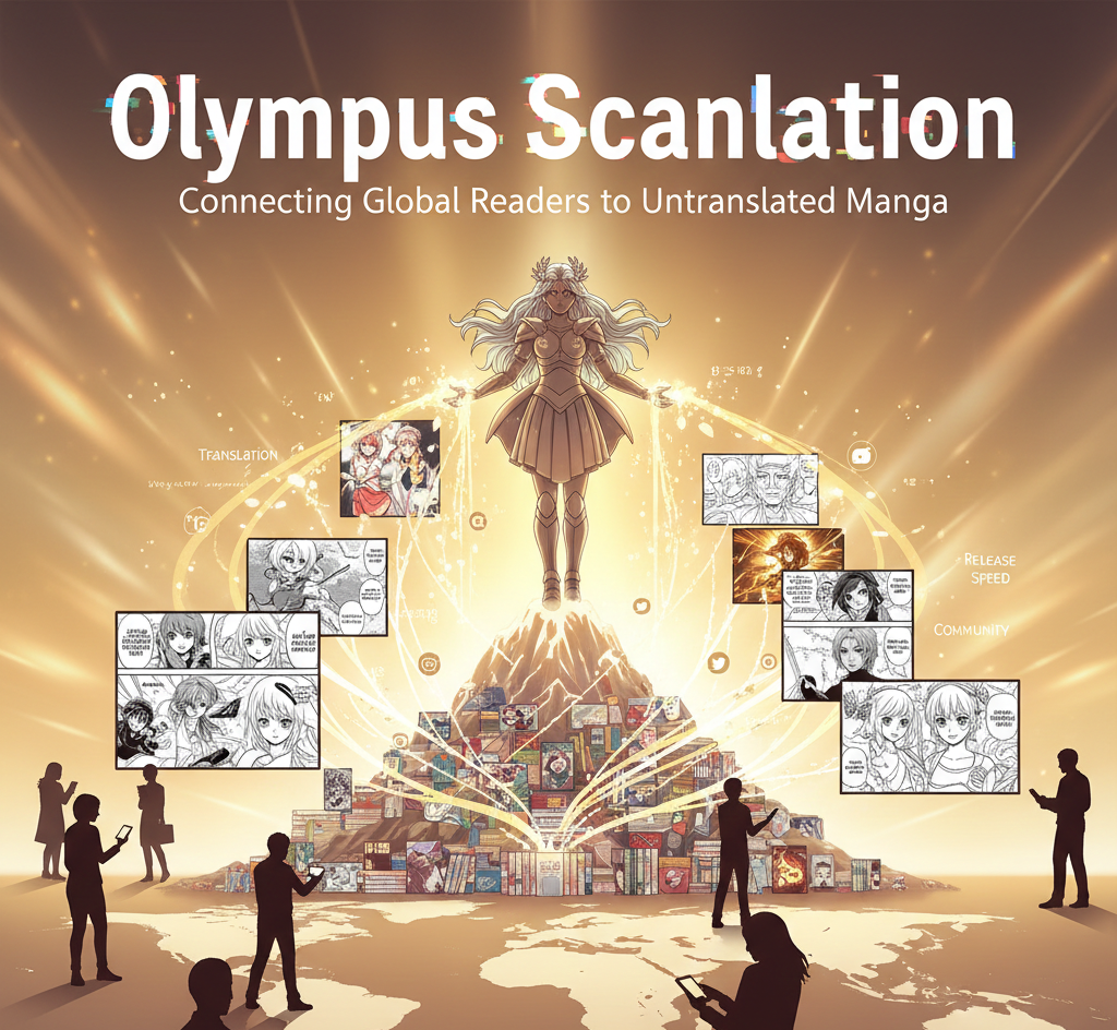 Olympus Scanlation manga translation group overview with workflow process, genre distribution, and community impact metrics.
