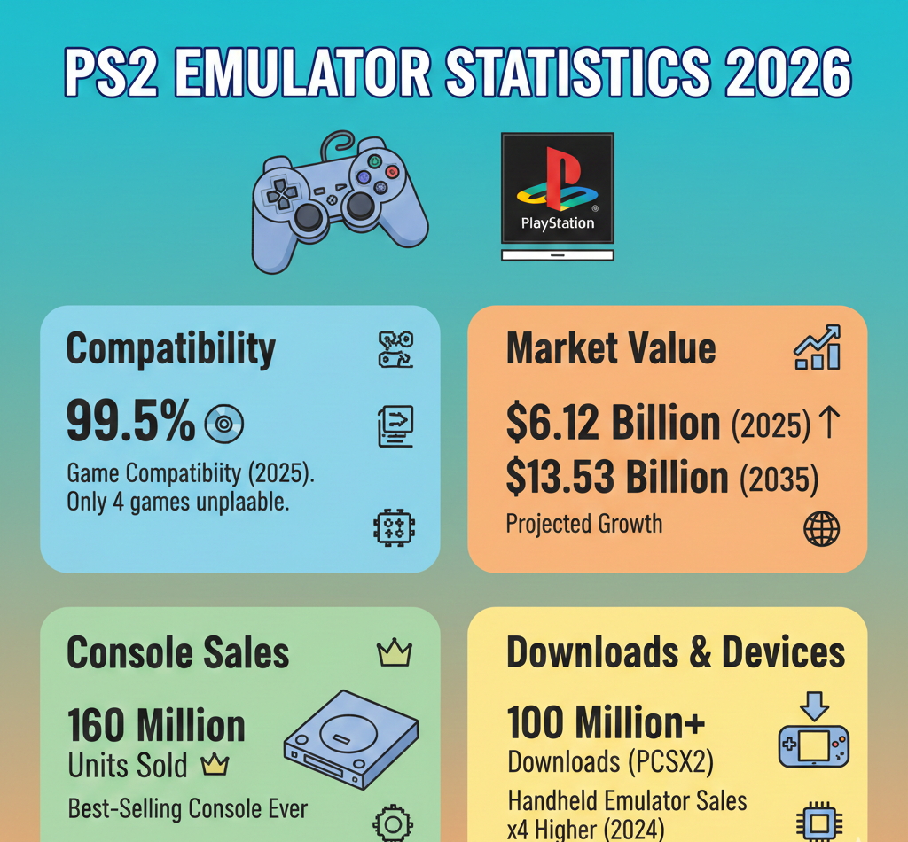 PS2 emulator statistics with 99.5% PCSX2 compatibility, $6.12B market valuation, console sales comparison, and regional distribution.