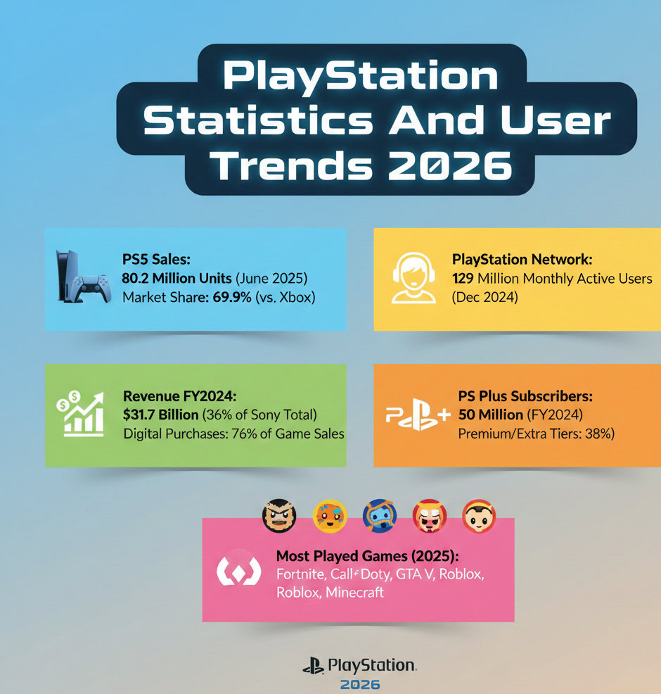 Alt text: PlayStation statistics 2026 showing PS5 sales, revenue, PSN user growth, market share, and subscription trends.