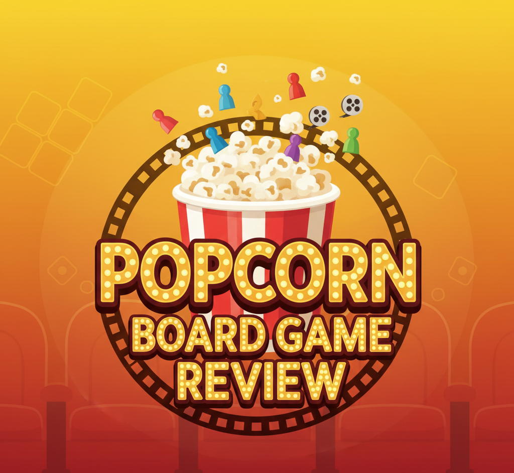 Popcorn bag-building board game review for 2-4 players, 45-60 minutes, 7.0 BGG rating, with pros/cons and mechanics breakdown.