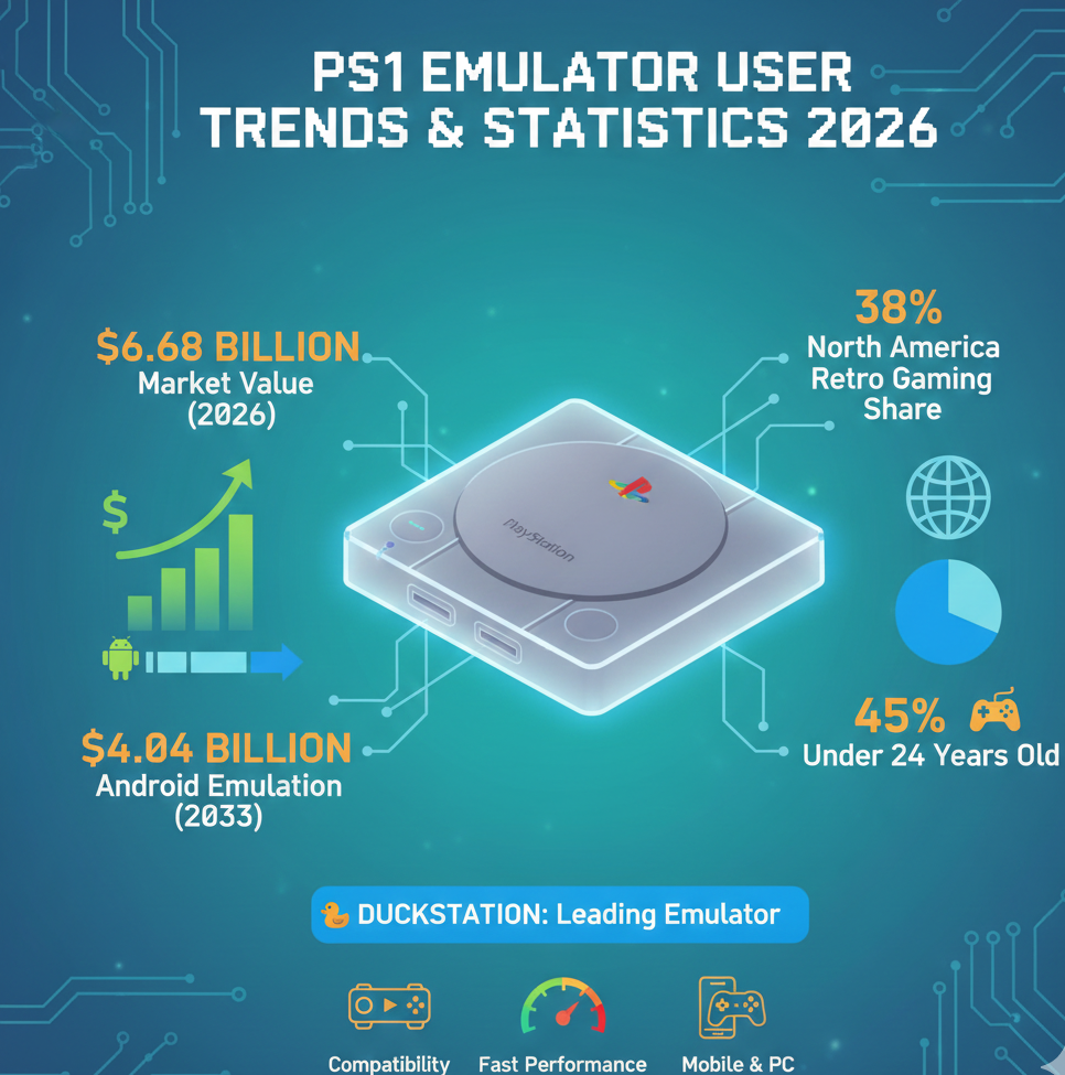 PS1 Emulator User Trends and Statistics 2026 overview detailing global market growth, revenue sources, regional distribution, and user demographics. Includes tables and charts showing market value trends, age groups, platform usage, and leading PS1 emulator software such as DuckStation.