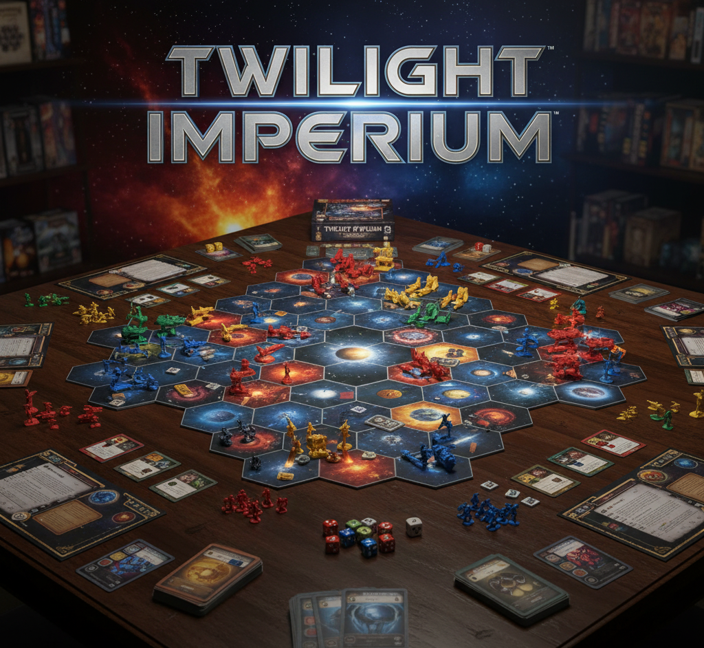Twilight Imperium board game review showing 17 factions, galactic conquest mechanics, and 4-8 hour strategic gameplay for 3-6 players.