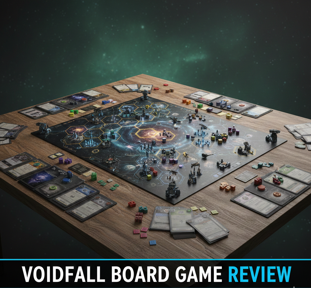 Voidfall (2023) board game review covering gameplay, components, pros and cons, and strategy. Highlights a heavy Euro 4X space game with deterministic combat, asymmetric factions, and deep resource management by Mindclash Games.
