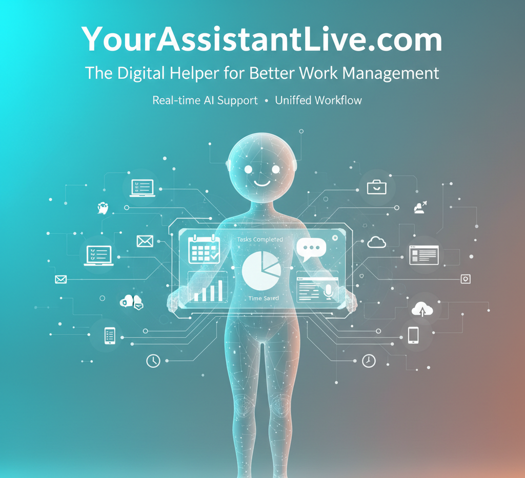 YourAssistantLive.com AI assistant platform with scheduling, task management, and productivity features showing time savings data.