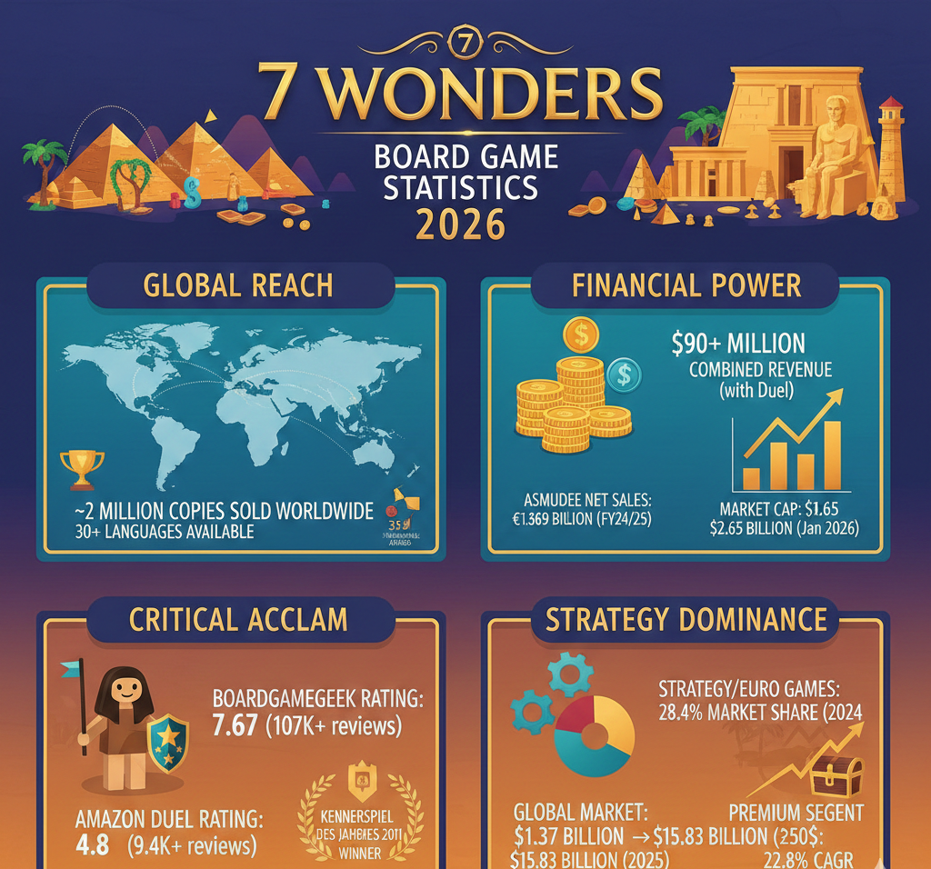 7 Wonders board game statistics for 2026 covering 2M copies sold, $90M+ franchise revenue, BGG ratings, and strategy genre market share.