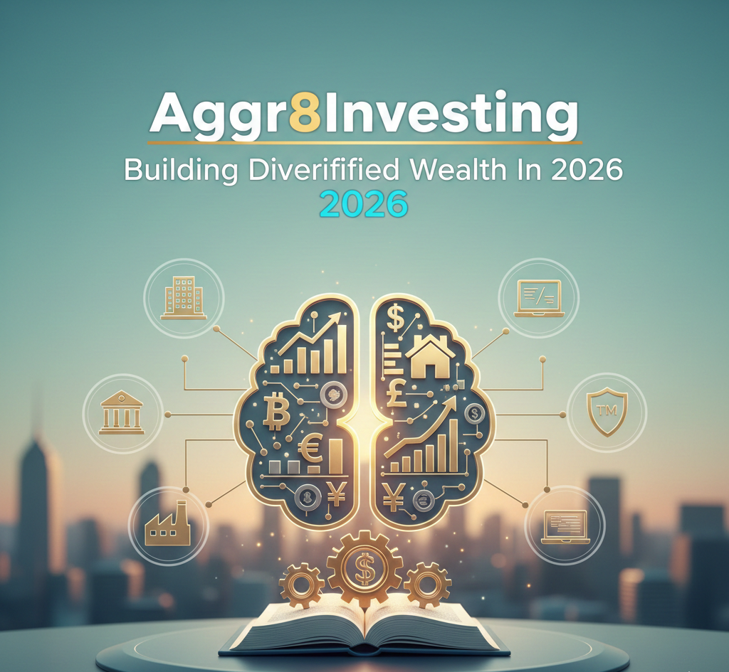 Aggr8Investing wealth-building framework with user distribution, portfolio allocation chart, implementation timeline, and growth projection comparison.