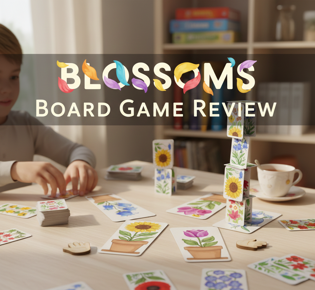 Blossoms board game with colorful flower cards and pots set up for a two-player push-your-luck card game.