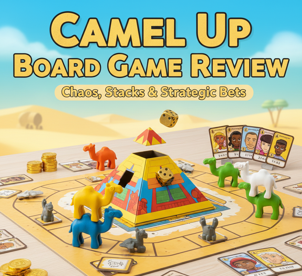 Camel Up board game review for 3-8 players with component list, betting mechanics breakdown, and pros/cons assessment.