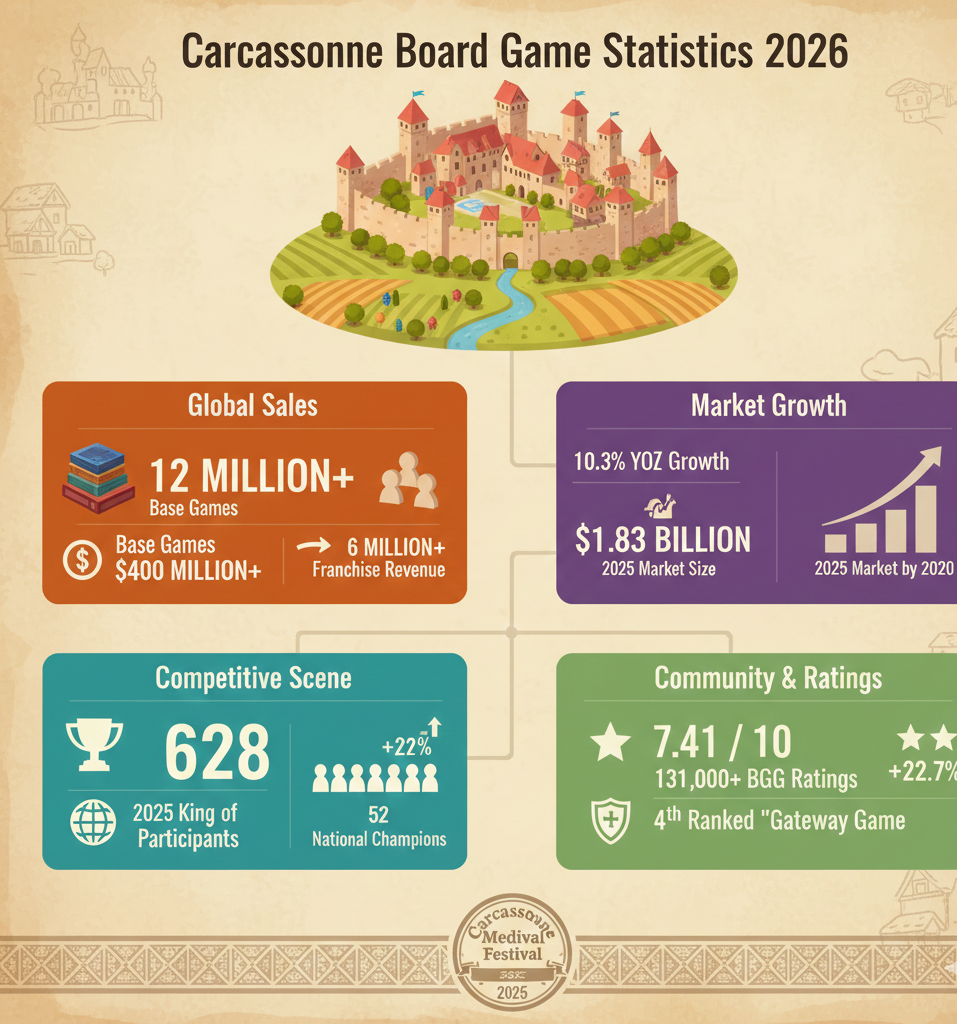 Carcassonne board game statistics for 2026 covering 12M+ copies sold, $400M franchise revenue, competitive tournament growth, and expansion product line.