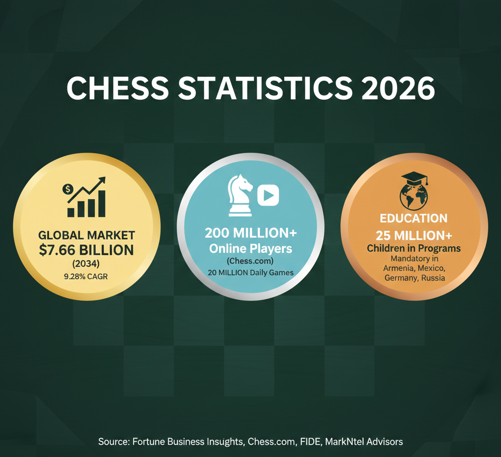 Chess statistics for 2026 covering $3.45B market size, Chess.com's 200M users, FIDE ratings, World Championship viewership, and education adoption.