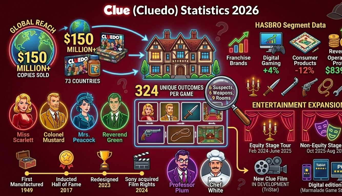 Clue (Cluedo) statistics for 2026 covering 150+ million copies sold, Hasbro financials, global market data, digital sales, and Sony film development.