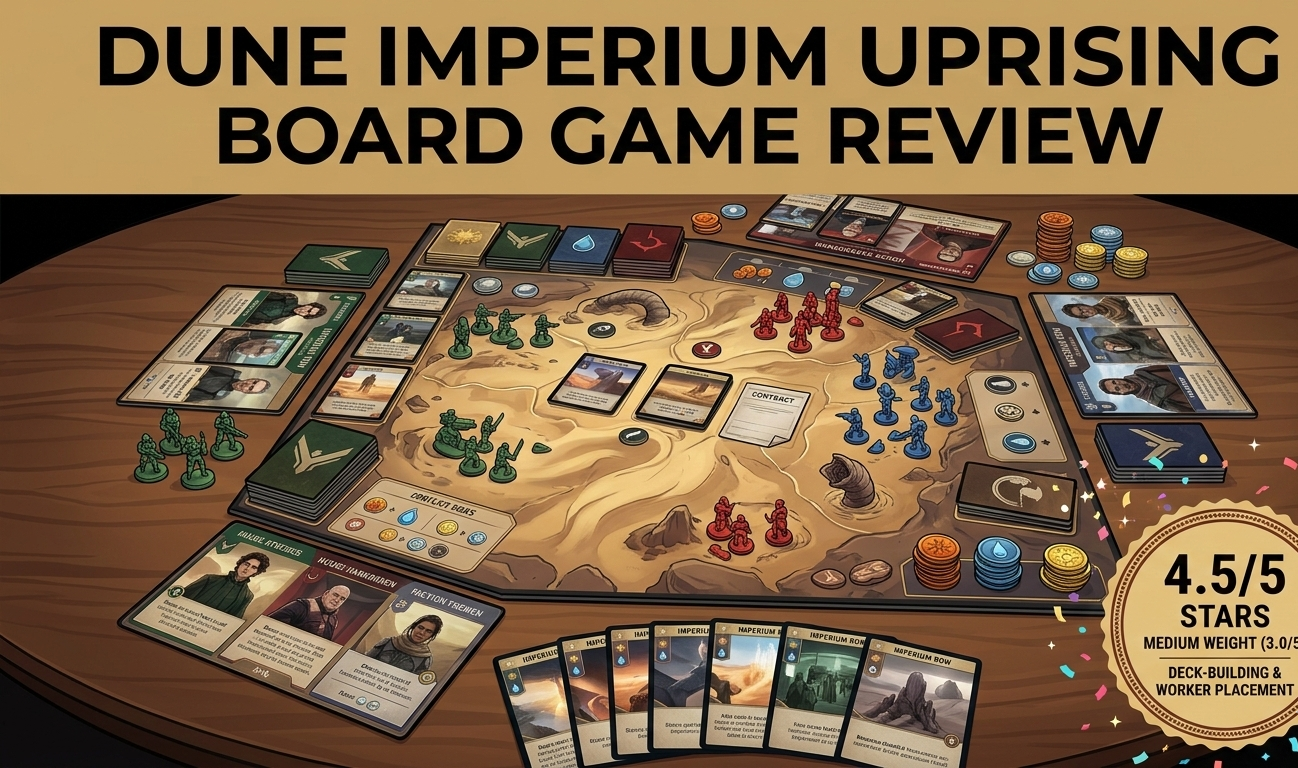 Dune: Imperium Uprising board game review covering deck-building and worker placement mechanics, components, gameplay rules, pros and cons, and player recommendations.