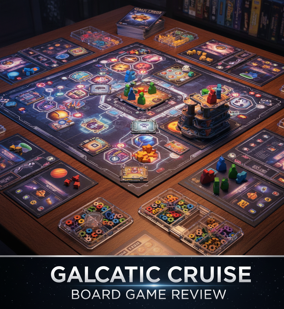 Review of Galactic Cruise, a heavy euro board game about building space cruise ships for 1-4 players.